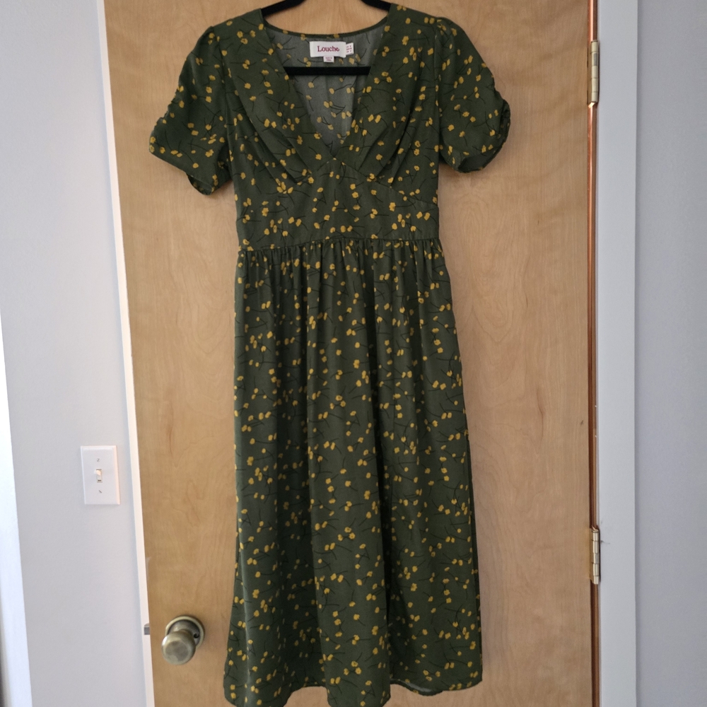 Louche Olive Dress with Yellow Floral Design